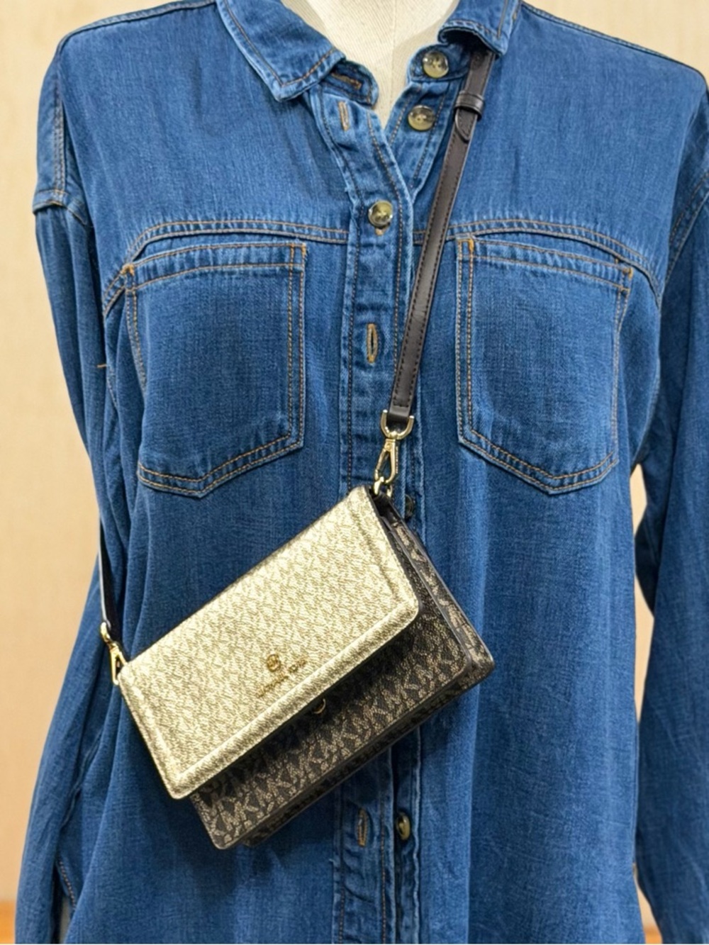 Michael Kors Gold and Brown Crossbody Wallet on Chain